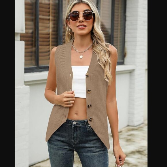 Rapbin Button Down Sleeveless Sweater Vest - Camel - Small - Picture 2 of 10